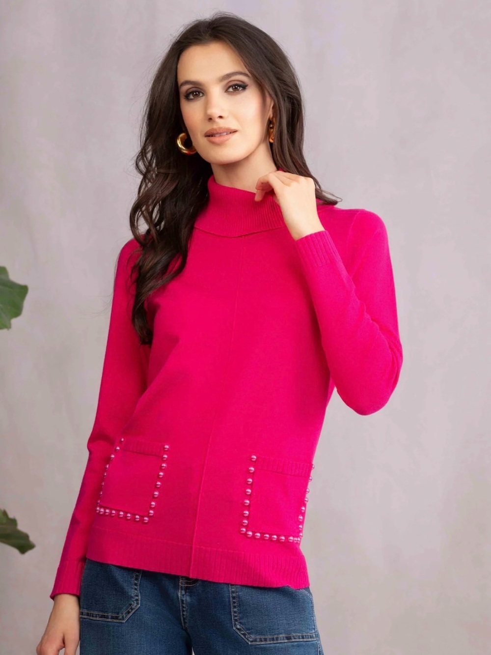 Alison Sheri Women's Pink Turtleneck Sweater with Pearl Trim Pockets